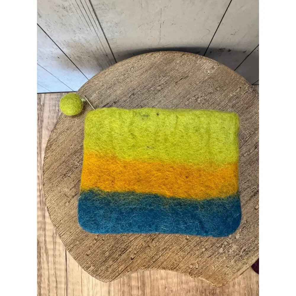 Set of 2 Felted Wool Colorful Pouches Striped Coin Purses Small Accessory Bag